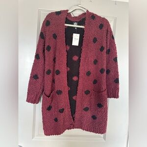 Bobeau $27 Popcorn Maroon Black Polka Dot Cardigan